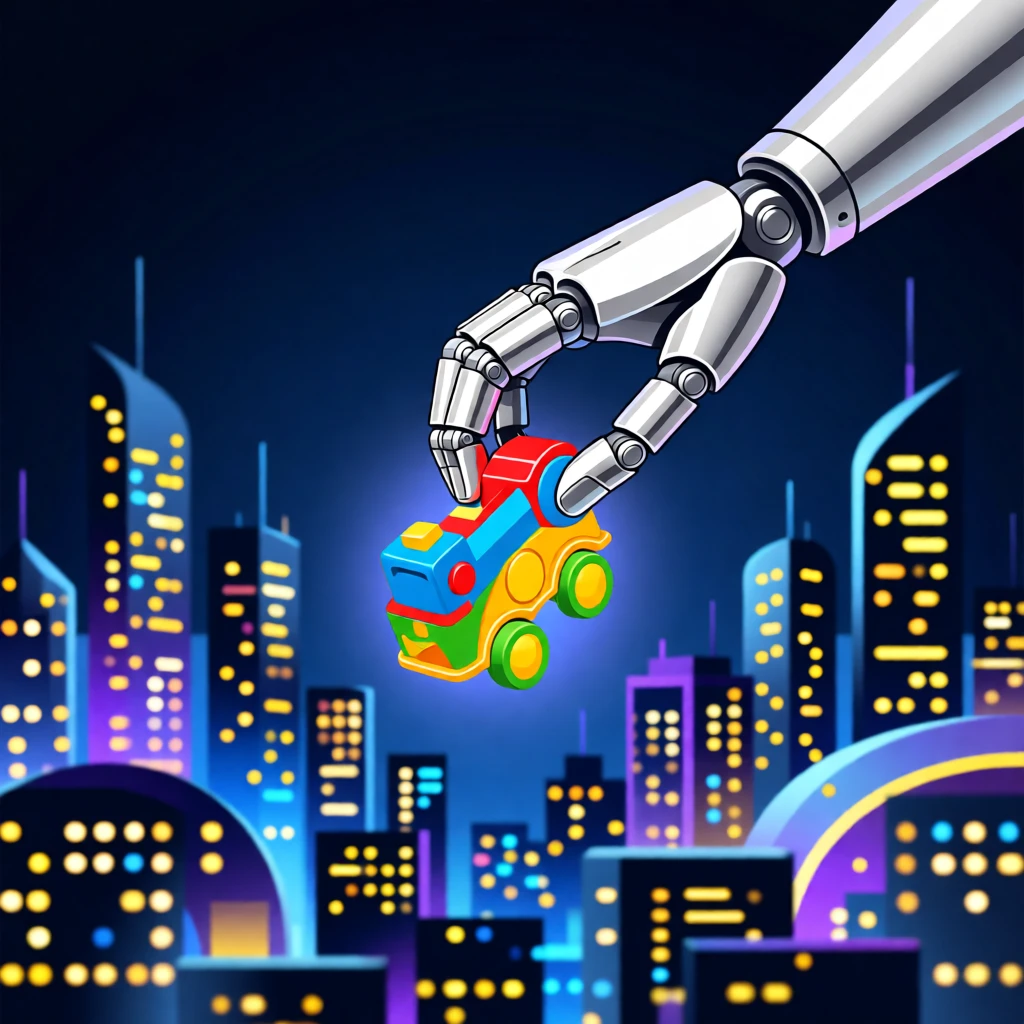 A robot arm carefully assembling a colorful toy, surrounded by twinkling city lights at night, arranged with a sense of sleek, futuristic order, with a subtle sense of wonder about future possibilities.