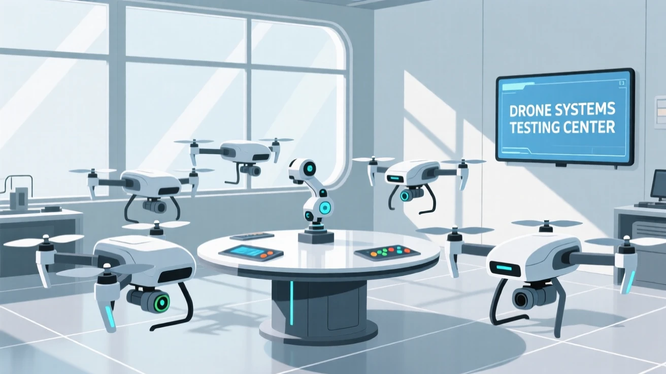 A fleet of drones testing new equipment in a modern robotics workshop.