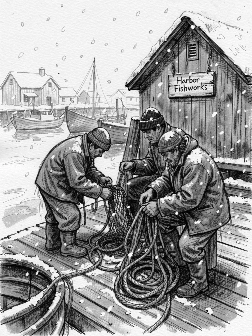 Fishermen mending their nets at a small harbor, under a soft blanket of falling snow.