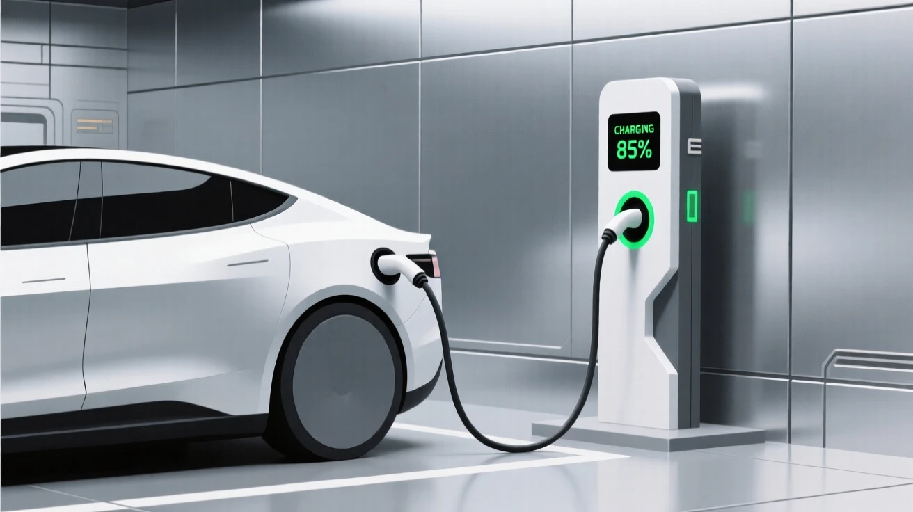 A view of electric car charging station operating within a research space station, near sleek metallic surfaces, evoking inventive curiosity.