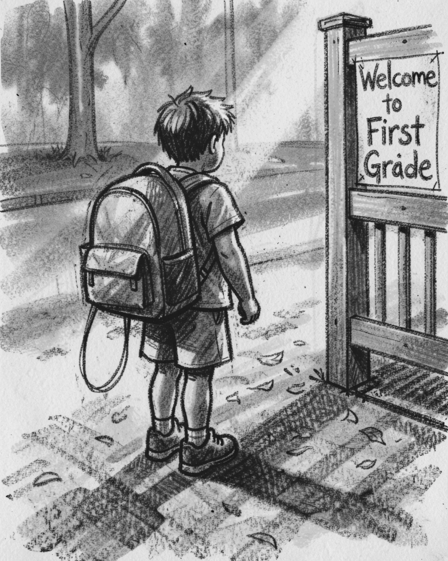 A child's first day of school, backpack too big, as golden afternoon sun spills across the scene.
