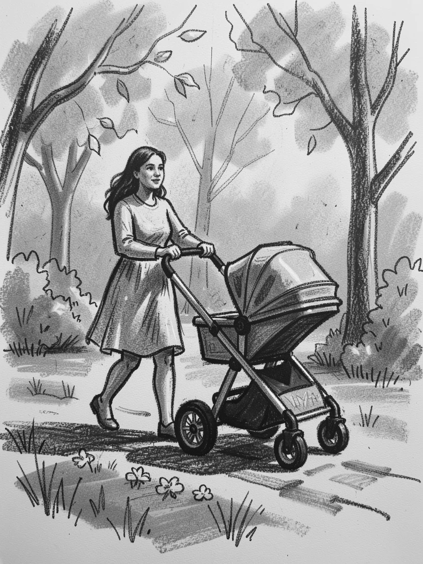A mother pushing a stroller through a park in spring, on a quiet, peaceful afternoon.