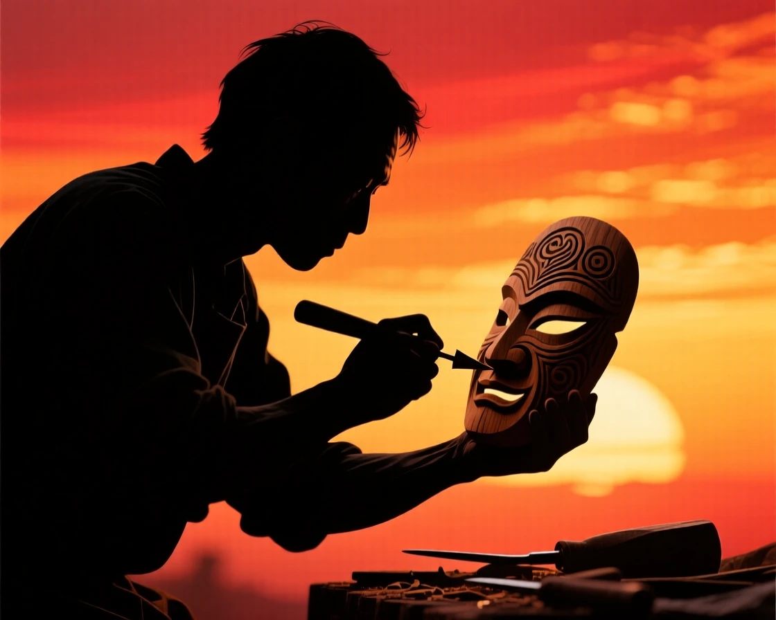 A craftsman carving an intricate pattern into a wooden mask.