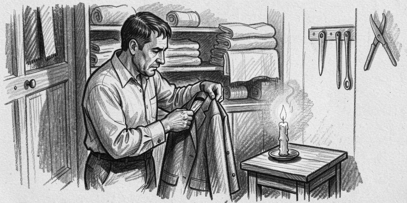 A tailor fitting a suit in a small shop, as soft candlelight flickers nearby.