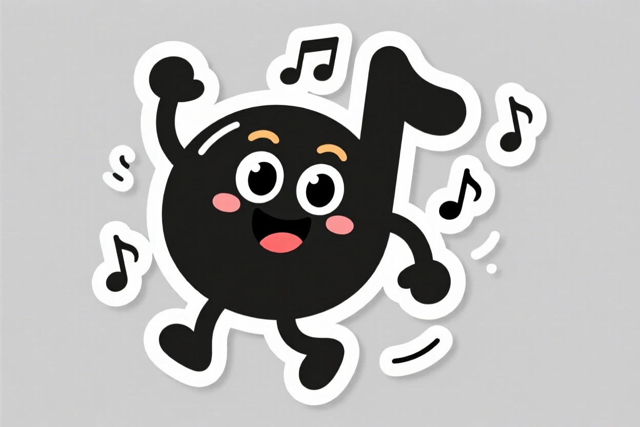 A cheerful and encouraging cute cartoon musical note dancing to a tune, with cheerful expressive eyes, ideal for early childhood learning.