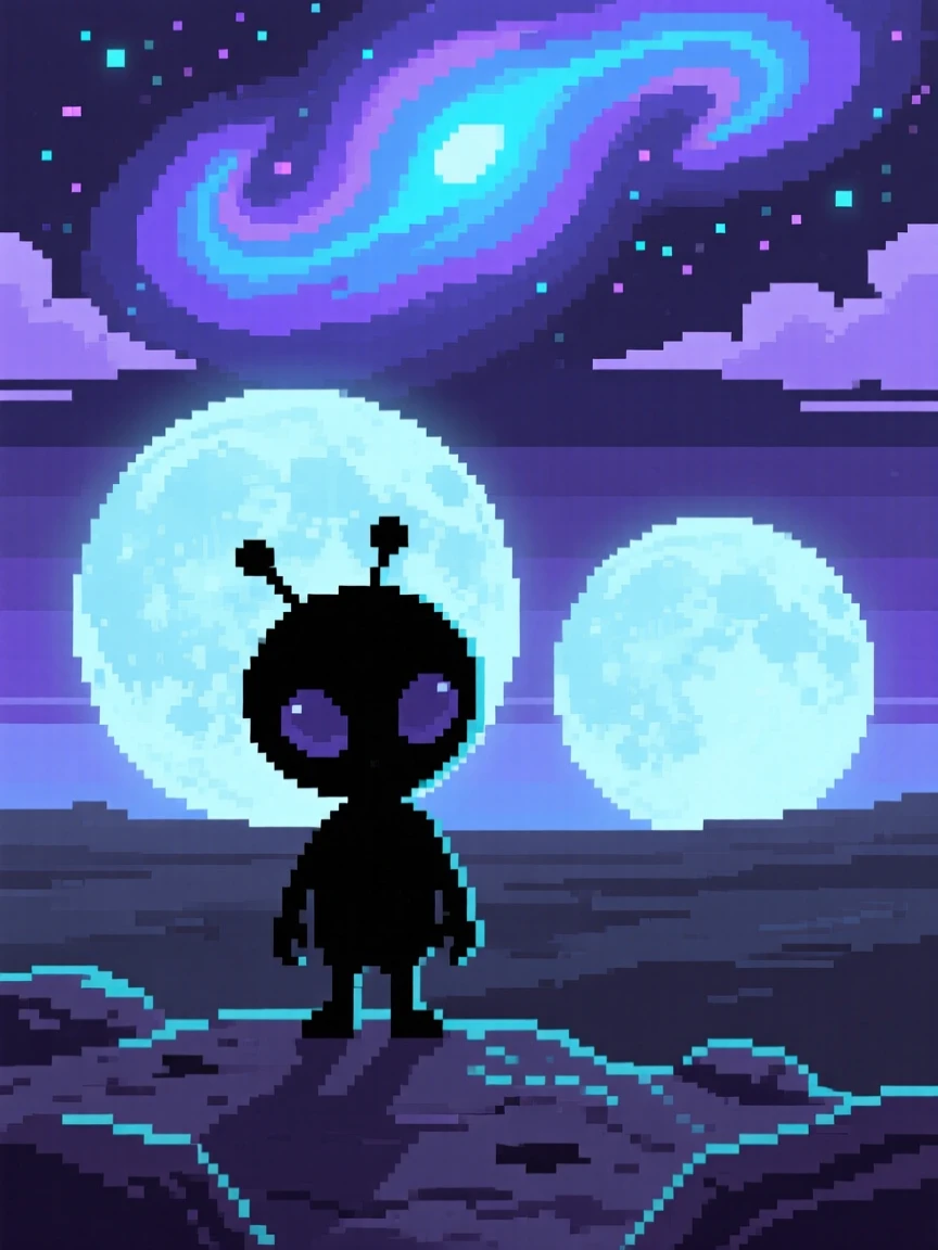 A curious alien child watching two moons rise over the horizon, within a nebula glowing in shades of purple and blue.