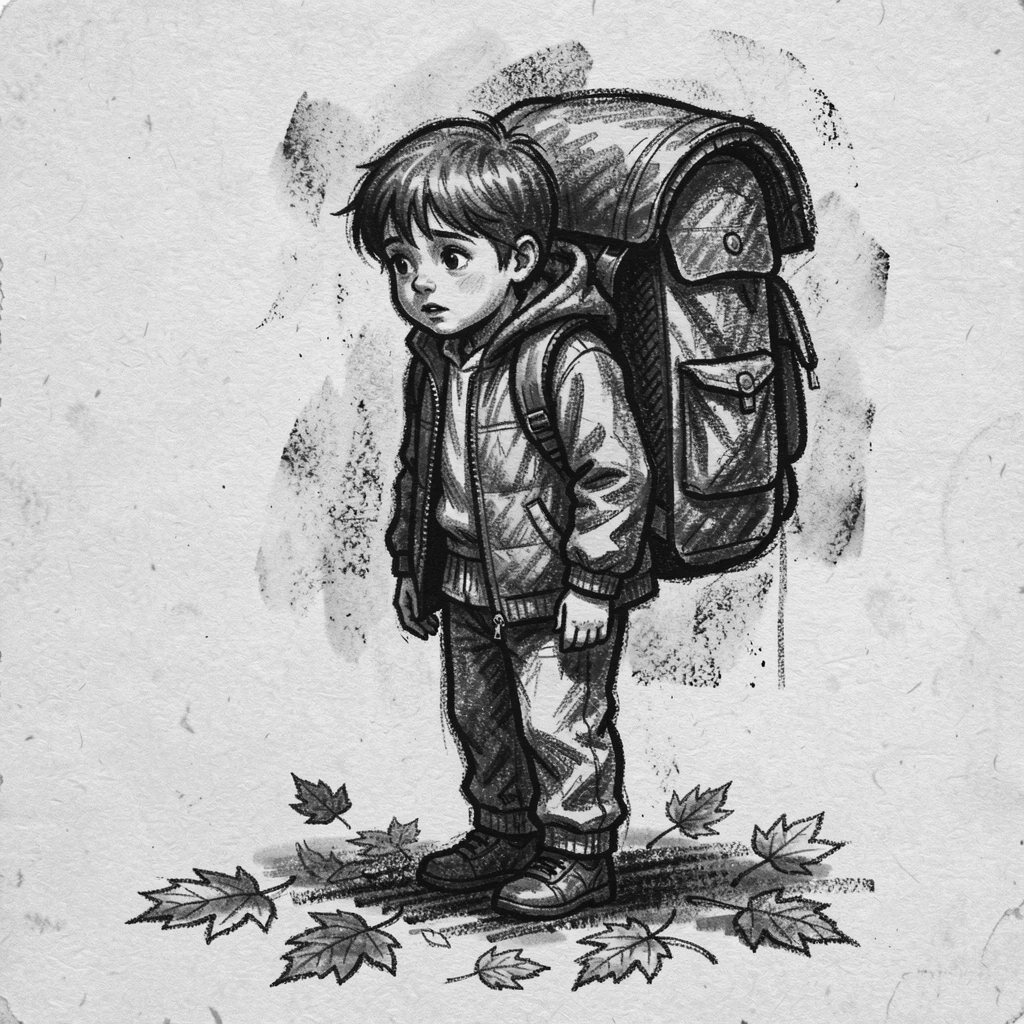 A child's first day of school, backpack too big, with autumn leaves scattered underfoot.