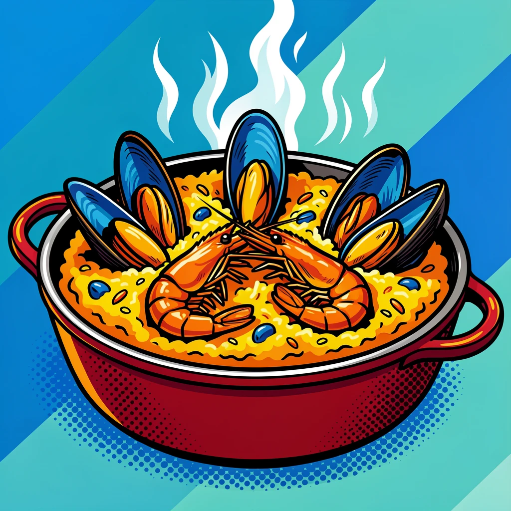 A pot of seafood paella with mussels and shrimp freshly prepared and ready to be enjoyed