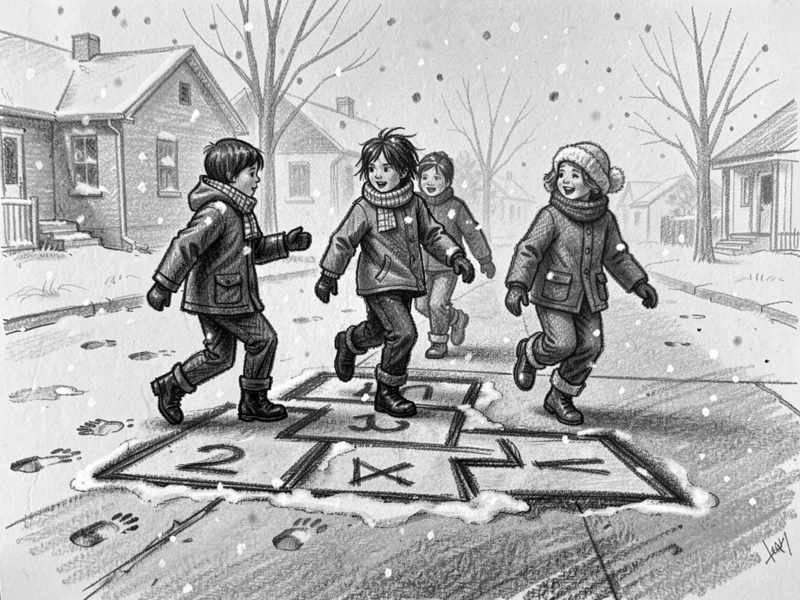 Children playing hopscotch on a neighborhood sidewalk, under a soft blanket of falling snow.