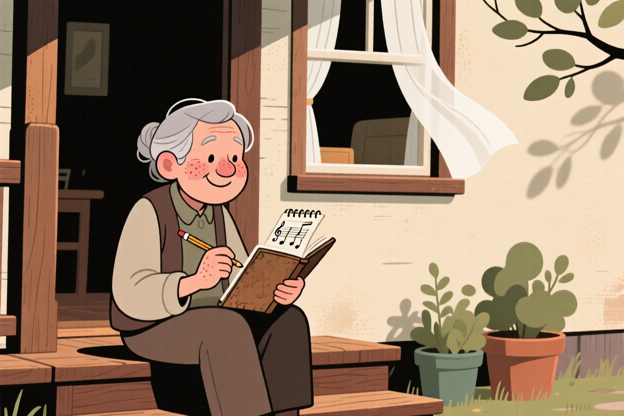 A elderly painter sits on the porch steps practicing an old folk song, fully absorbed as a cool breeze drifts through the open window.