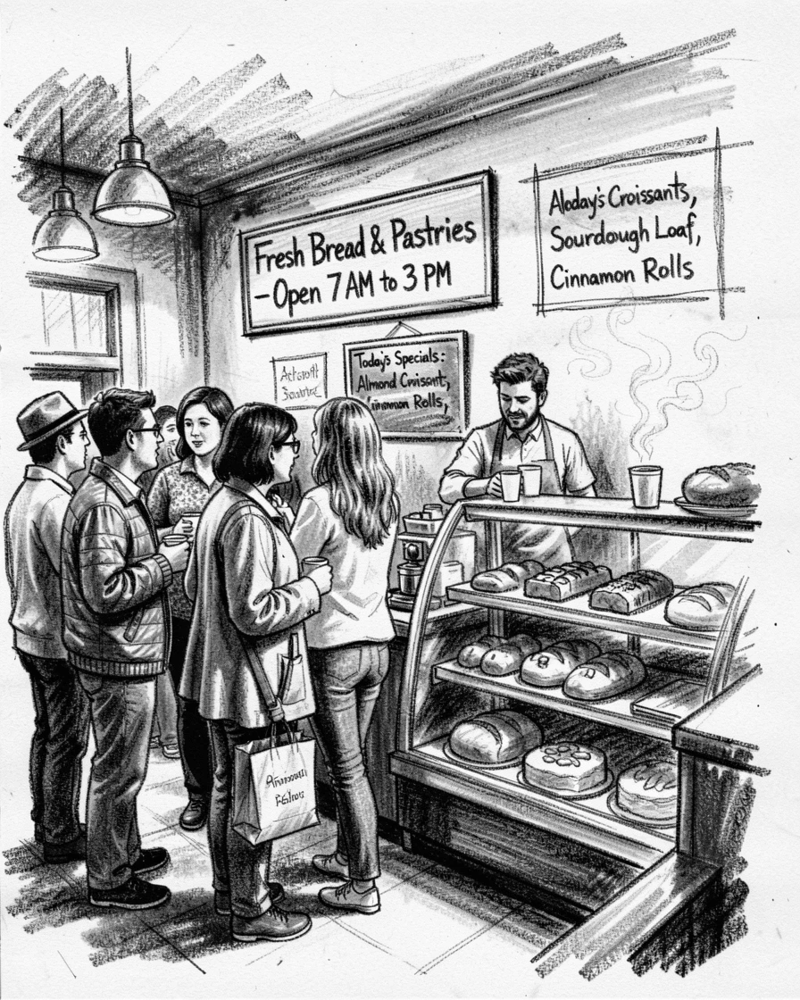 A busy morning at a small neighborhood bakery, with everyone gathered close together.