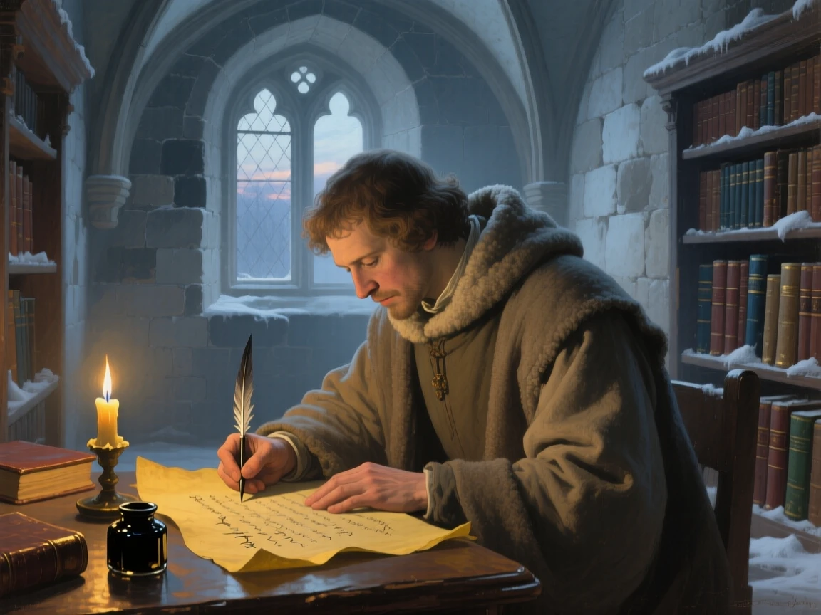 A medium shot of a scribe copying manuscripts by candlelight in a stone library, in the pale light of early evening, in the quiet stillness of midwinter.