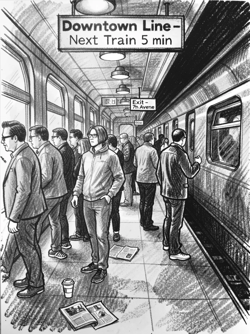A crowded subway platform during rush hour, in the warm glow of early morning light.