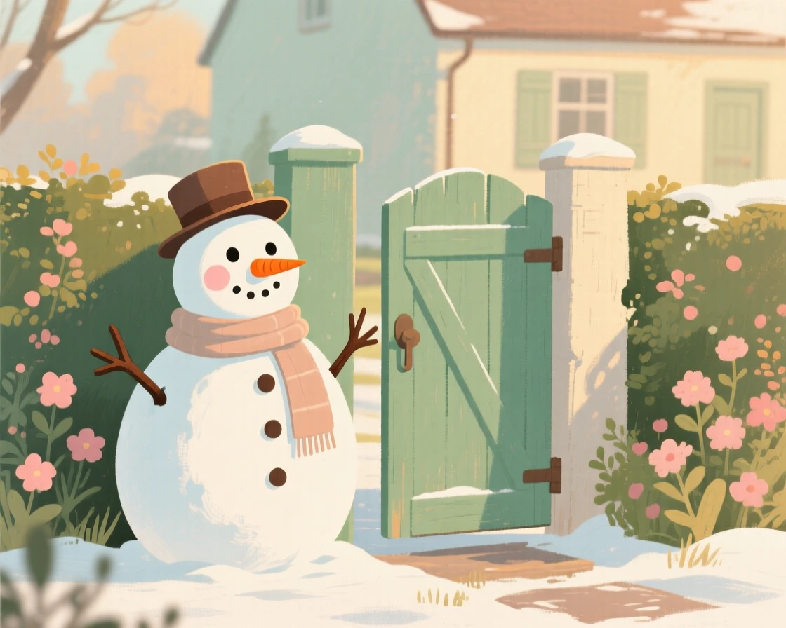 A snowman standing guard beside a cottage garden gate