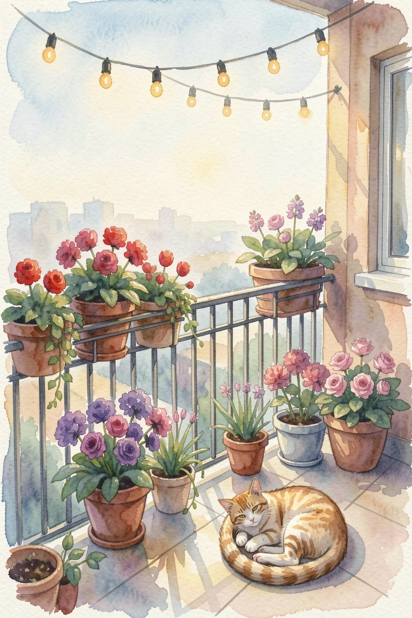 A balcony with string lights and potted flowers with a cat curled up nearby.
