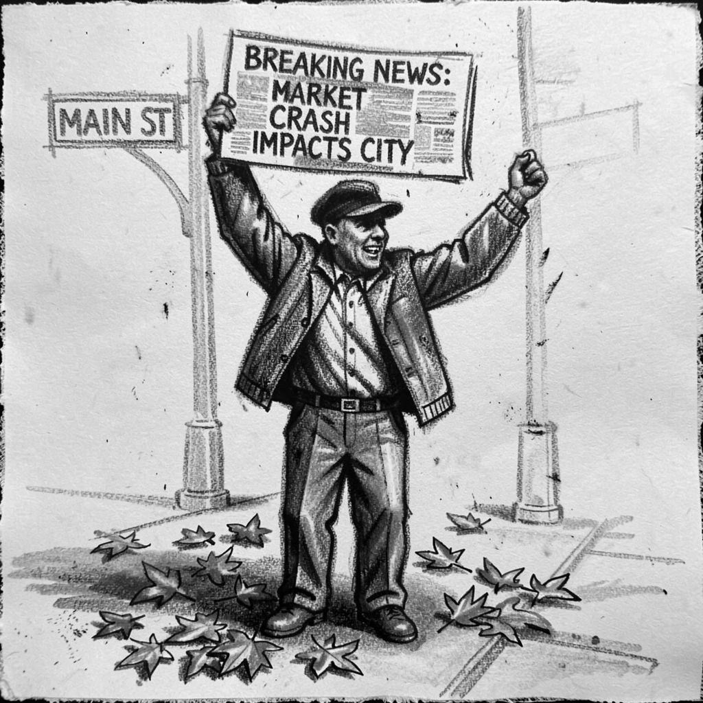 A newspaper vendor calling out headlines on a corner, with autumn leaves scattered underfoot.