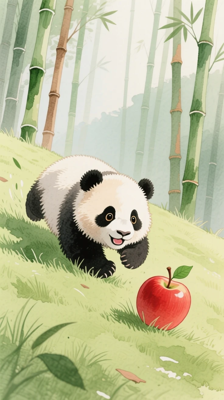 A baby panda tumbles down a grassy slope in a bamboo forest, chasing a rolling apple