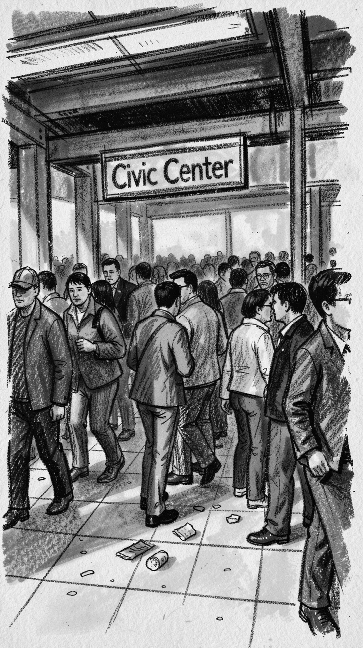 A crowded subway platform during rush hour, as golden afternoon sun spills across the scene.