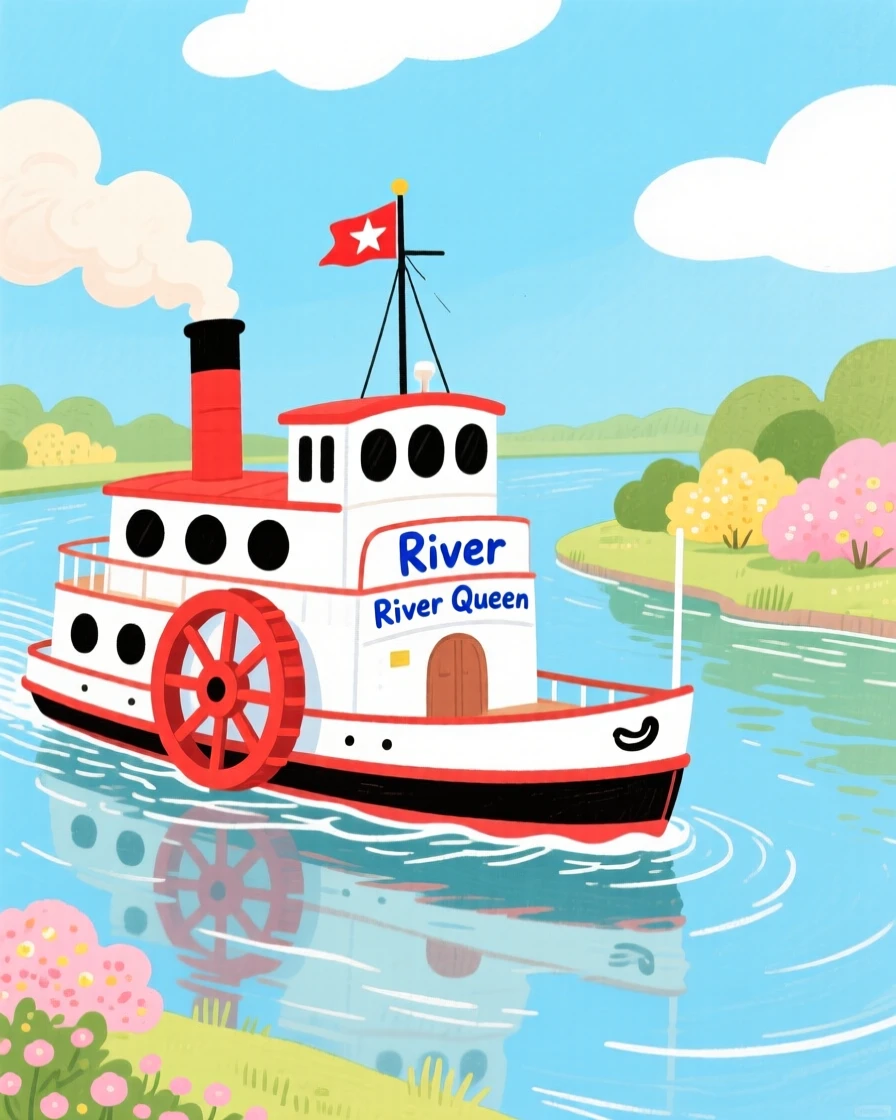 A charming scene of a paddle steamer cruising down a wide river.