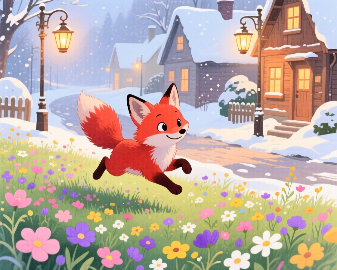A curious red fox cub hopping through a meadow of wildflowers, set in a snowy village street lined with warm lantern light, brimming with cozy comfort.