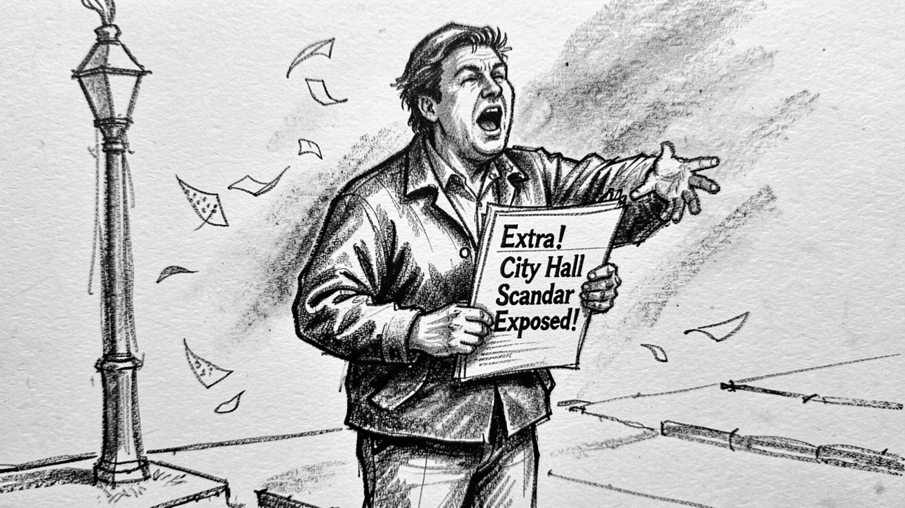 A newspaper vendor calling out headlines on a corner, with a light breeze stirring the surroundings.