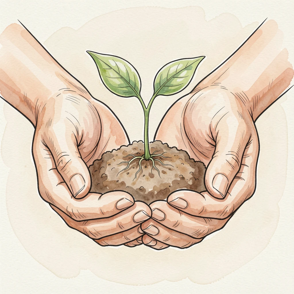 A pair of hands cupped gently around a small sprouting seedling, the moment simple, sincere, and quietly powerful.