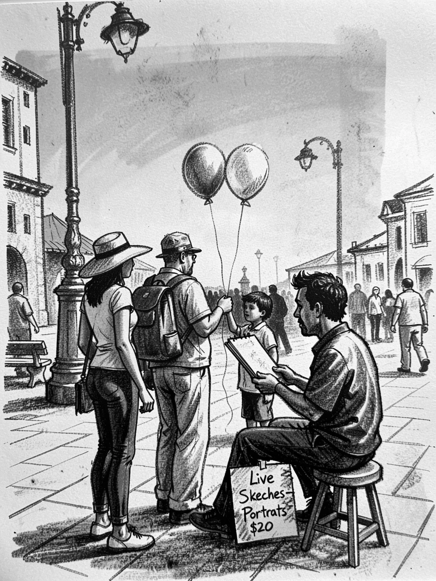 A street artist sketching passersby in a plaza, under a clear blue midday sky.