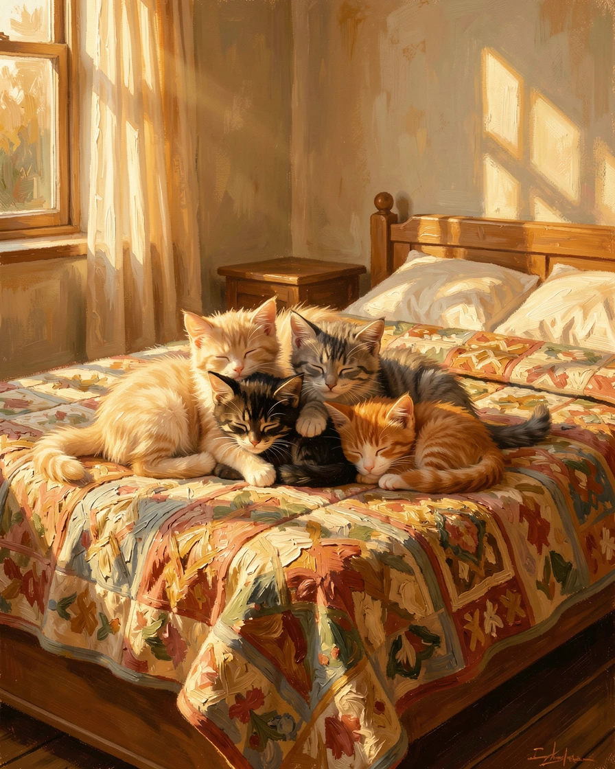 At golden hour, casting a warm glow over everything, a litter of kittens tumbling over one another, atop a soft quilt in a sun-warmed bedroom, it curling up contentedly for a nap.