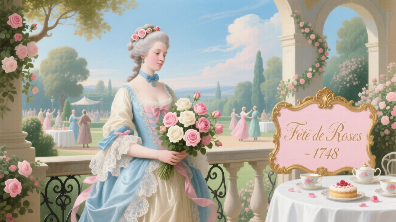 A lady holding a bouquet of roses on a balcony overlooking a garden fête  
