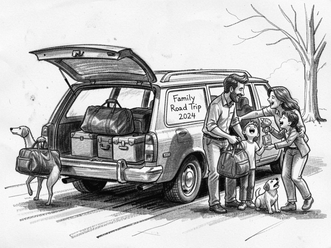A family loading a car for a road trip, as laughter fills the air around them.