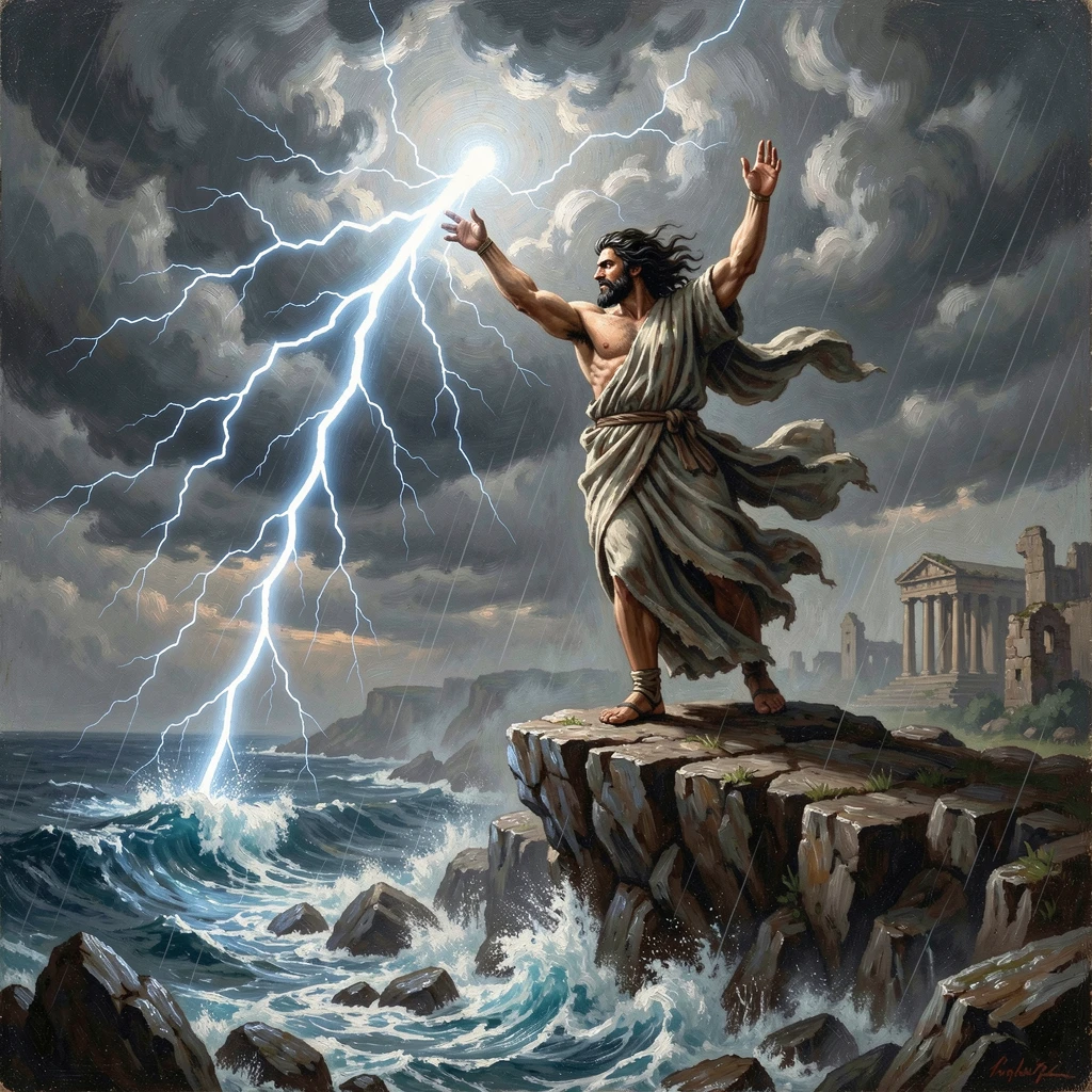 A god of thunder hurls lightning across a stormy sky.