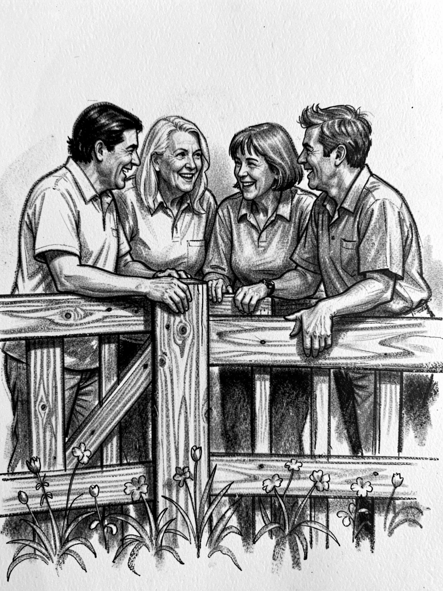 Neighbors chatting over a garden fence, with everyone gathered close together.