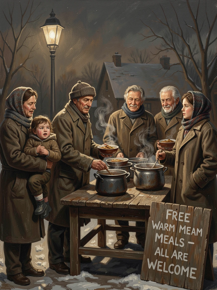 A volunteer serving warm meals to those in need on a cold winter night, with emotion and triumph radiating clearly from every face, evoking deep emotion and a profound sense of shared humanity