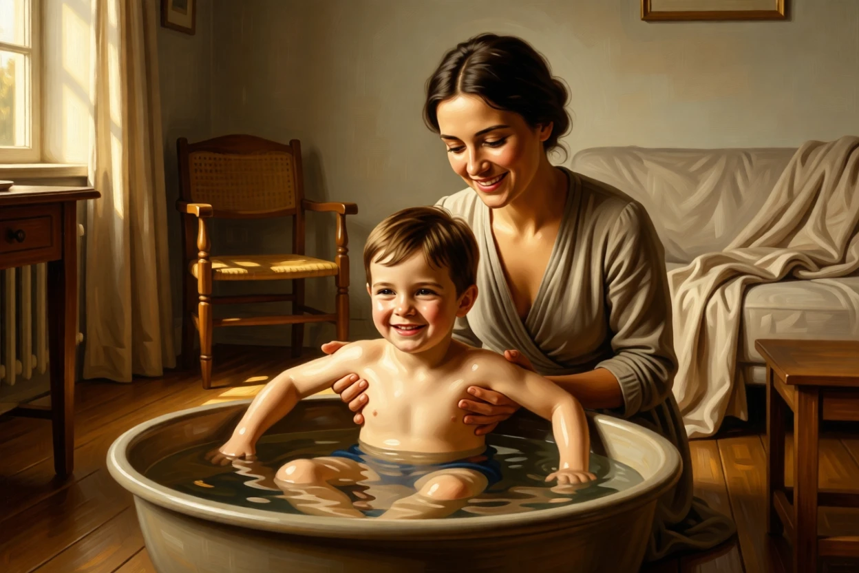 A big sister teaching her little brother to swim in a calm lake in a small, tender moment that says everything without words, set within a cozy home lit by late afternoon sun, with soft golden light catching genuine, unguarded smiles; warm, low light wraps the family in a comforting glow, capturing a fleeting moment worth holding onto forever.