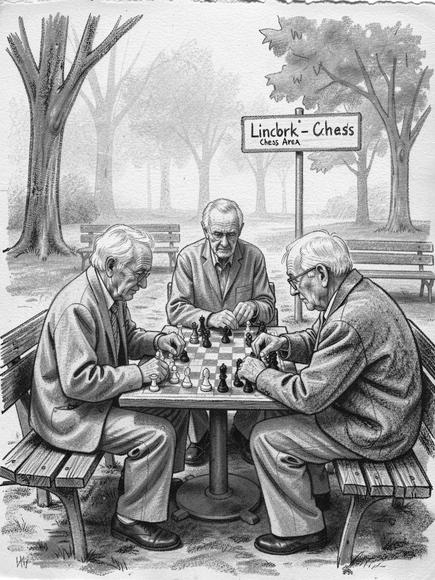 A group of elderly men playing chess in a park, with a gentle mist rolling through the background.
