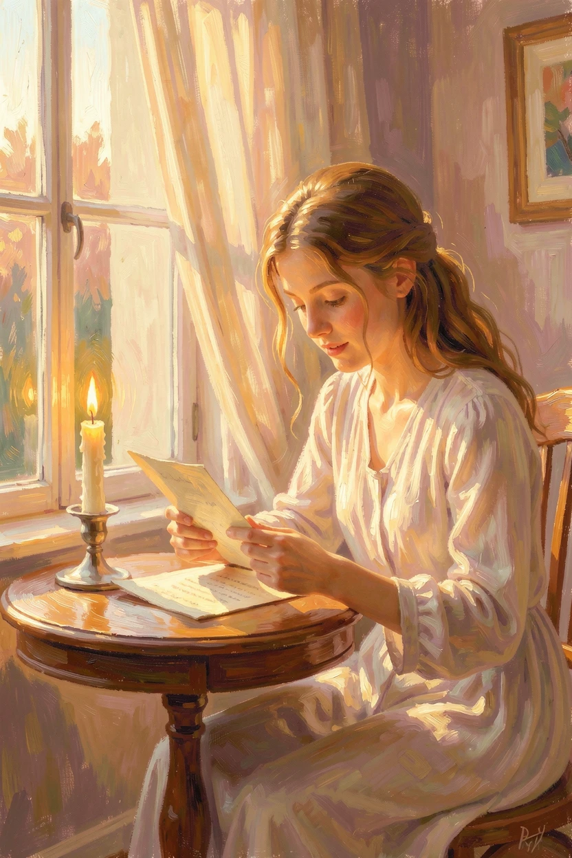 A young woman reading a letter by candlelight, her expression a mixture of longing and quiet joy, at golden sunrise, inspiring awe at the beauty of the scene.