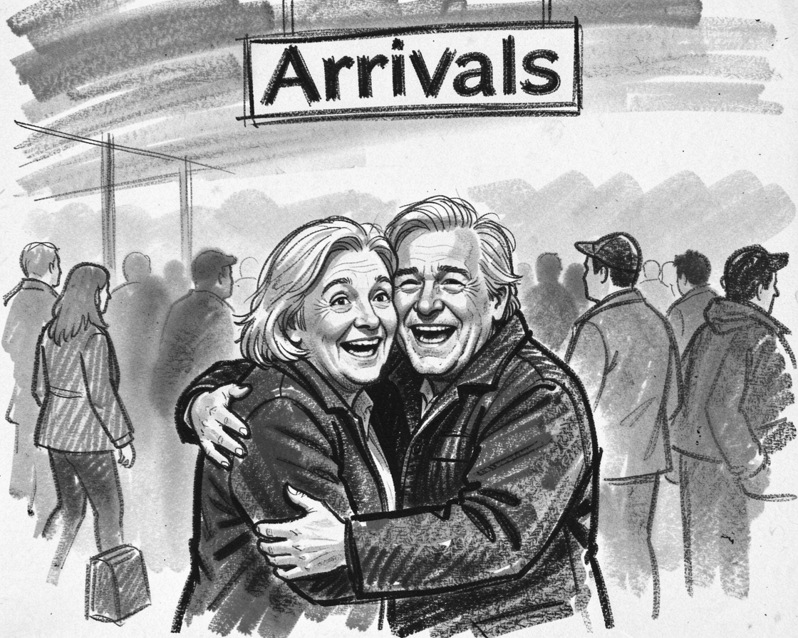 An old friend reunion at a busy airport arrivals gate, with a gentle mist rolling through the background.