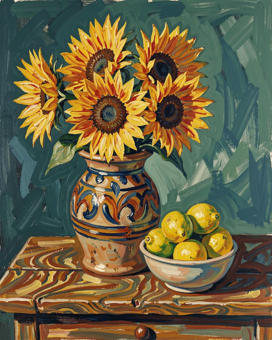 A ceramic vase overflowing with sunflowers set beside a bowl of ripe lemons on a wooden table.