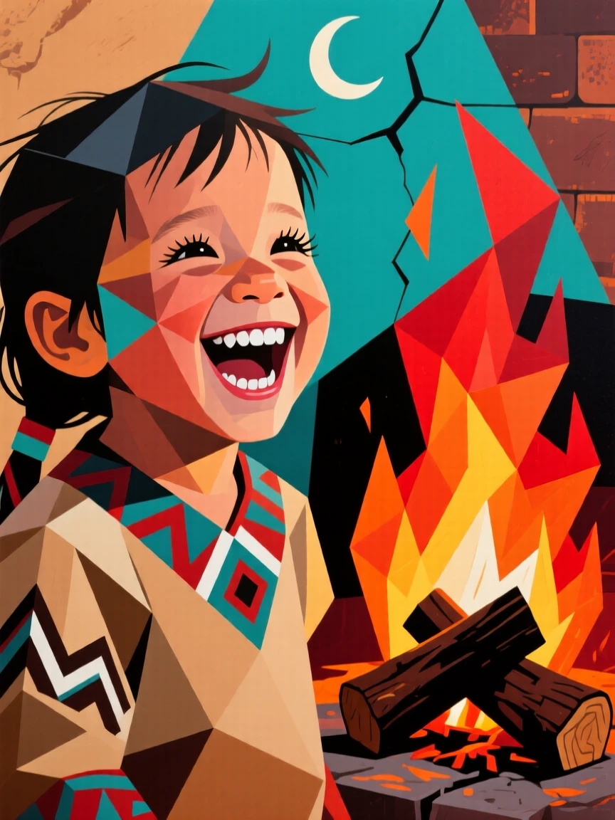 A close-up portrait of a toddler of Native American heritage, laughing joyfully, beside a crackling hearth.