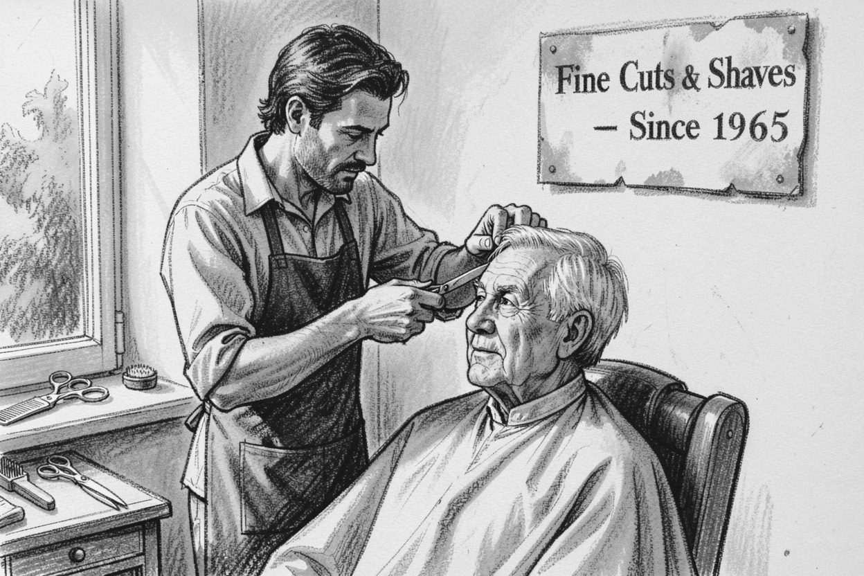 A barber giving an old customer his weekly haircut, on a quiet, peaceful afternoon.