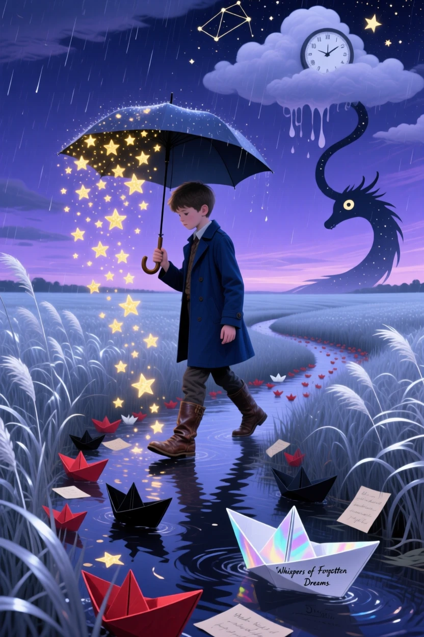A boy holding an umbrella that rains stars instead of water walks slowly through a field of tall silver grass, as tiny paper boats drift past their feet.