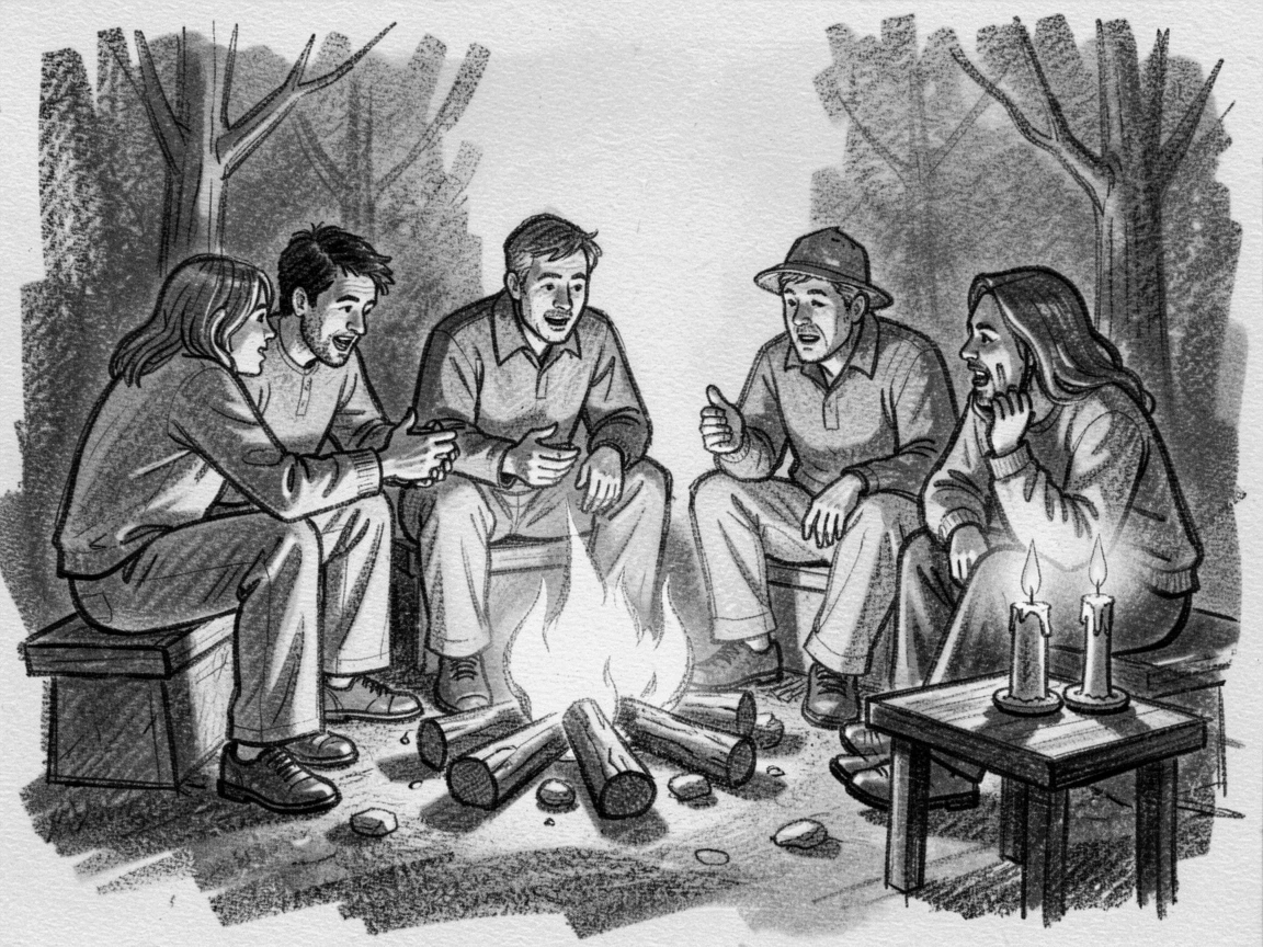 Friends gathered around a campfire telling stories, as soft candlelight flickers nearby.