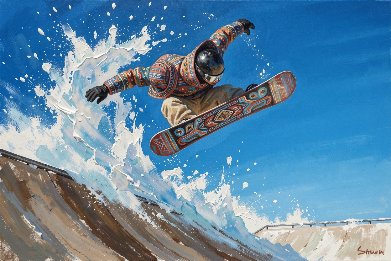 A snowboarder executes a massive backflip off a terrain park jump, powder spraying dramatically against a clear blue sky, small traditional details in costume and decoration rewarding a closer look.