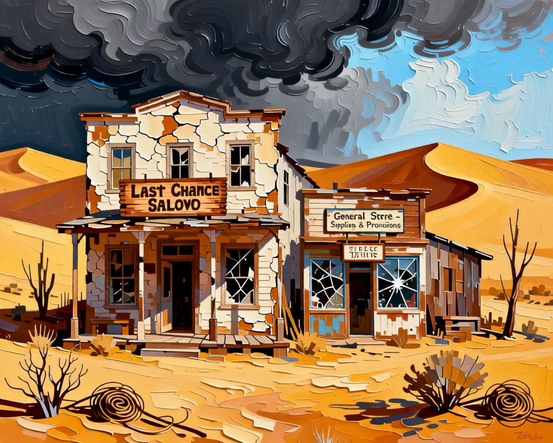 A ghost town's weathered buildings standing silent amid rolling desert dunes