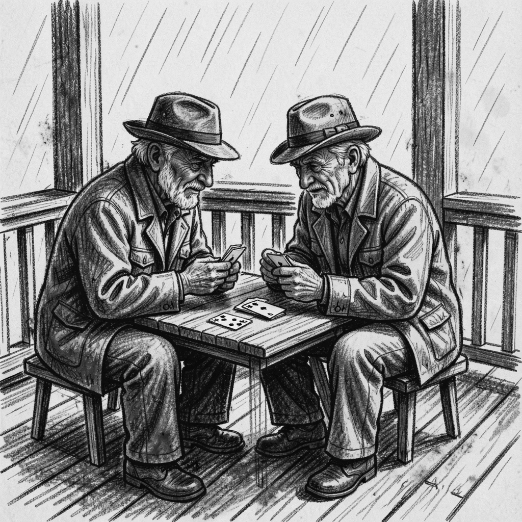 Two old friends playing cards on a porch, as gentle rain patters down around them.