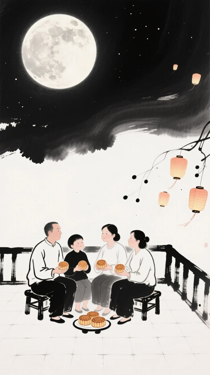 A family sits together on a terrace, sharing mooncakes beneath a full moon, as the last lanterns drift slowly out of sight.