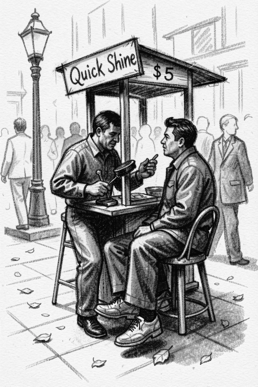 A shoeshine stand on a busy city sidewalk, with a light breeze stirring the surroundings.