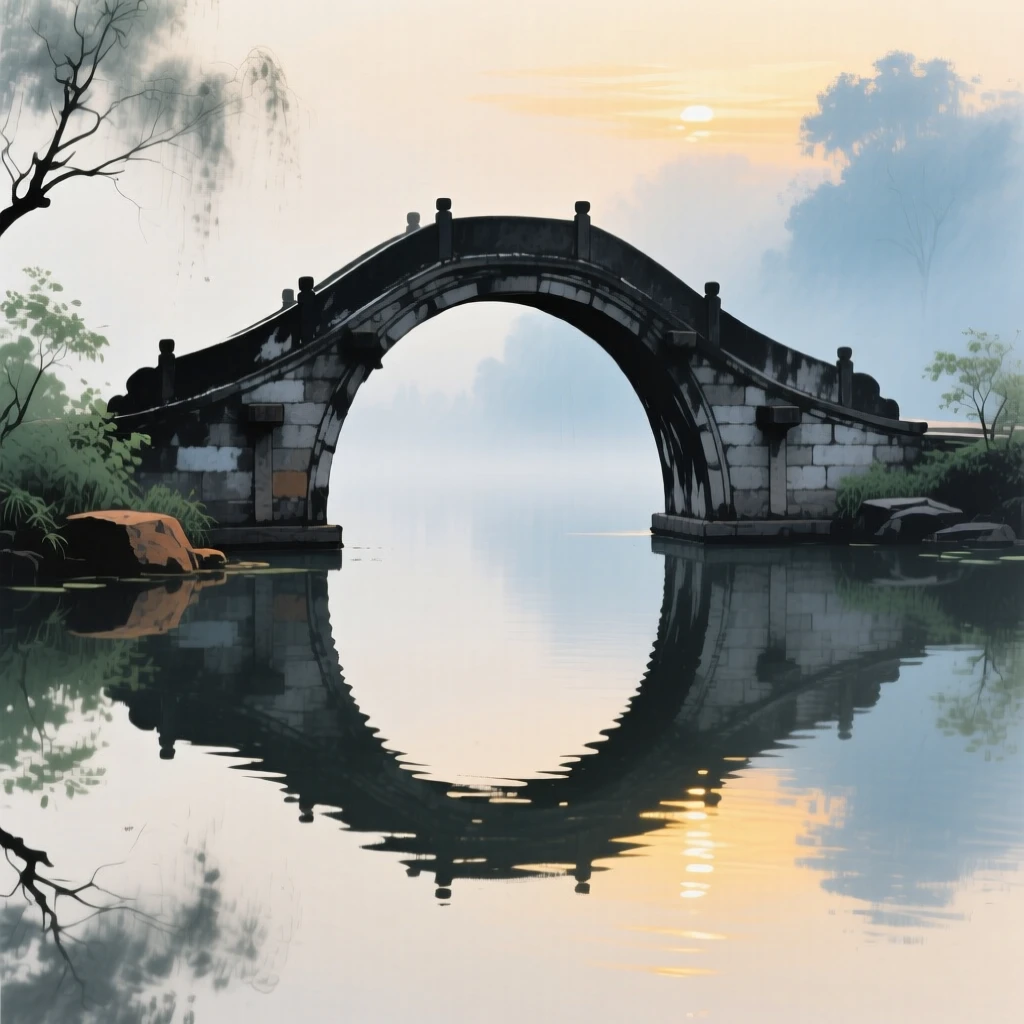 A graceful curved bridge reflected perfectly in still water, evoking a sense of quiet solitude, through a light drifting mist, in the last golden light of day.