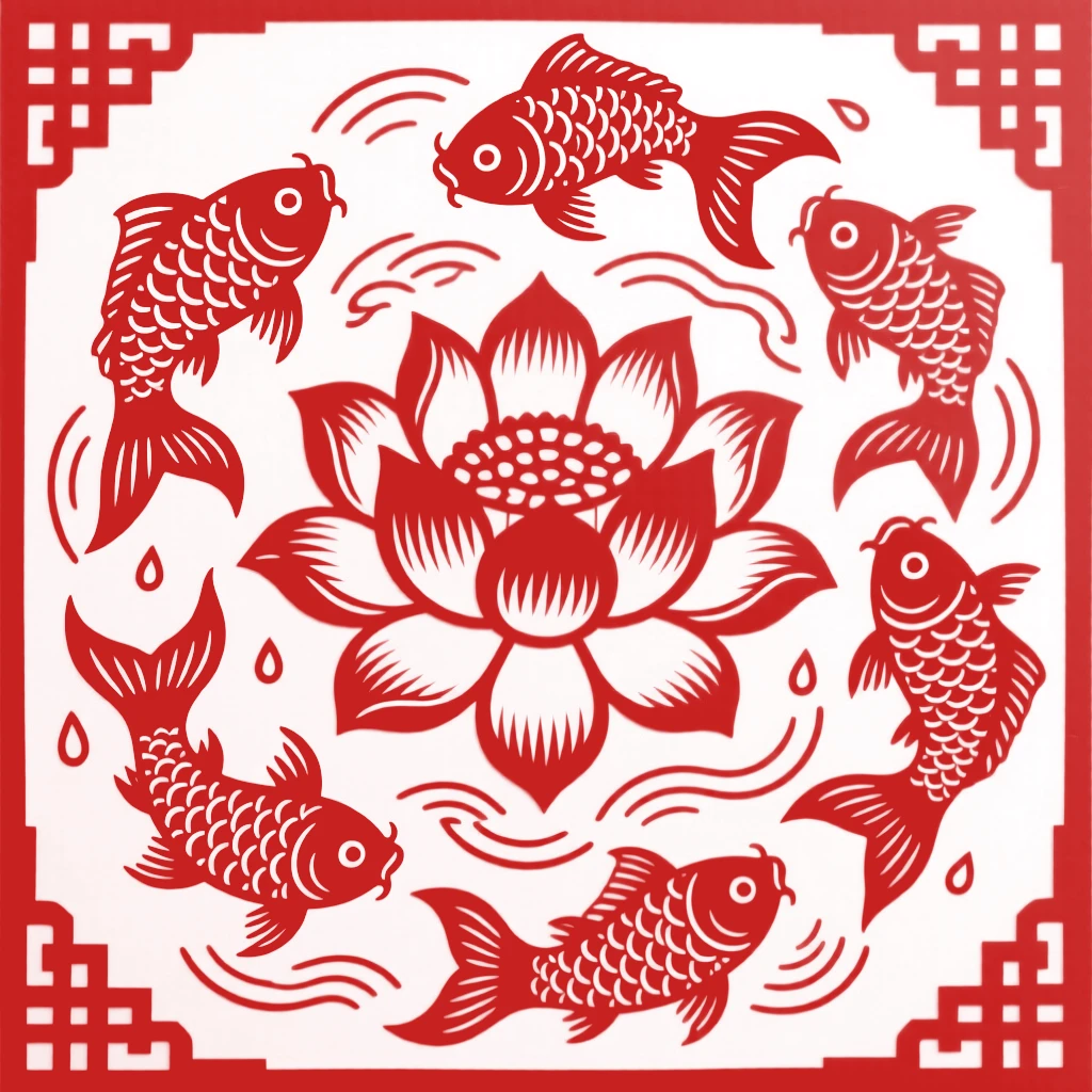 A school of goldfish swimming in swirling patterns around a cluster of lotus flowers, symbolizing abundance and surplus