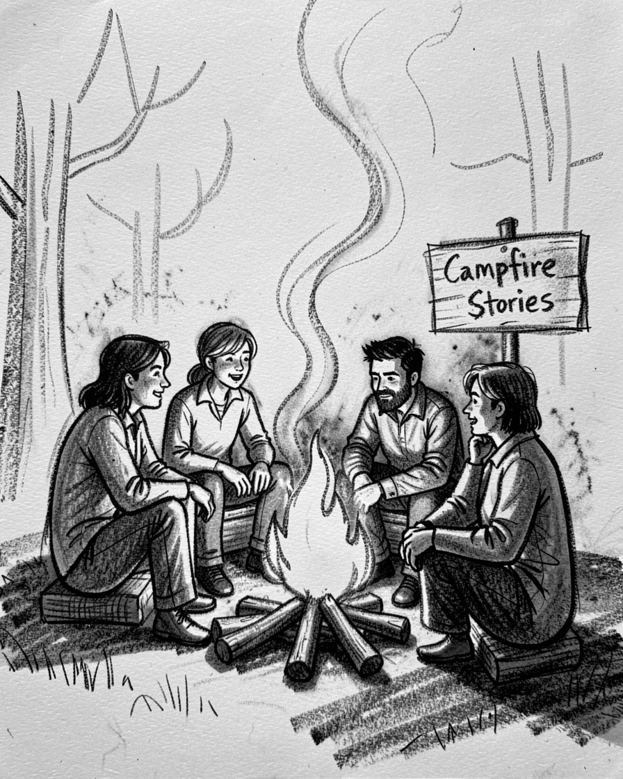 Friends gathered around a campfire telling stories, on a quiet, peaceful afternoon.